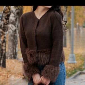 ZARA WOMAN NWT FW25 BROWN FAUX FUR TRIM KNIT CARDIGAN ALL SIZE M